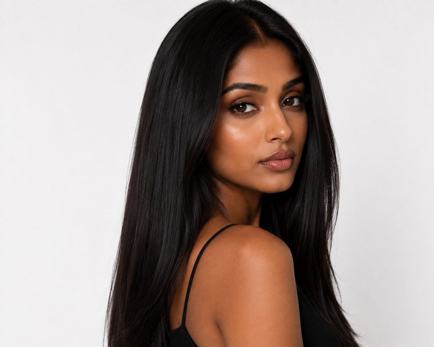 Sleek straight black hair, side profile · Maison Ivory transformation